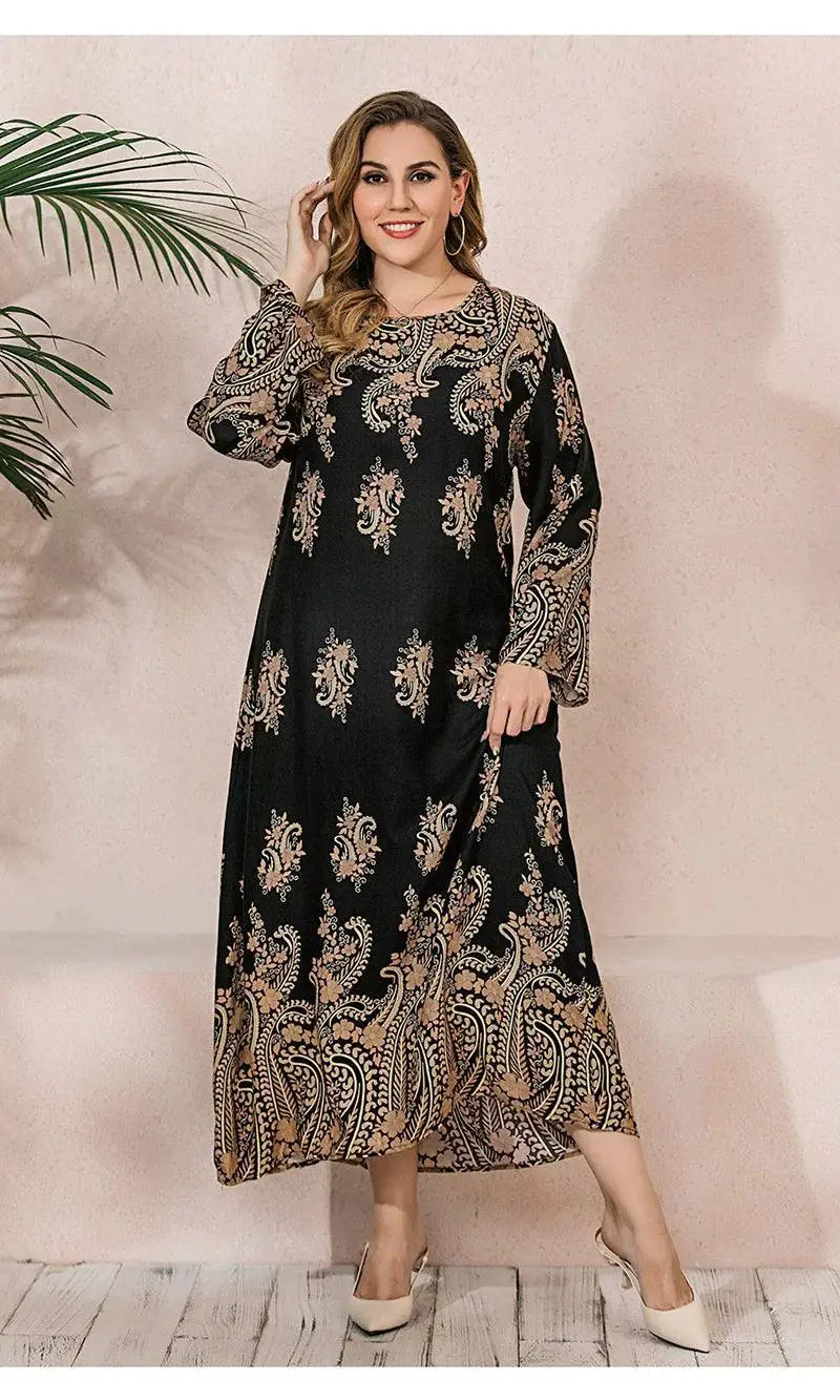 Floral Print Plus Size Party Dress Long Sleeve Cotton Dress