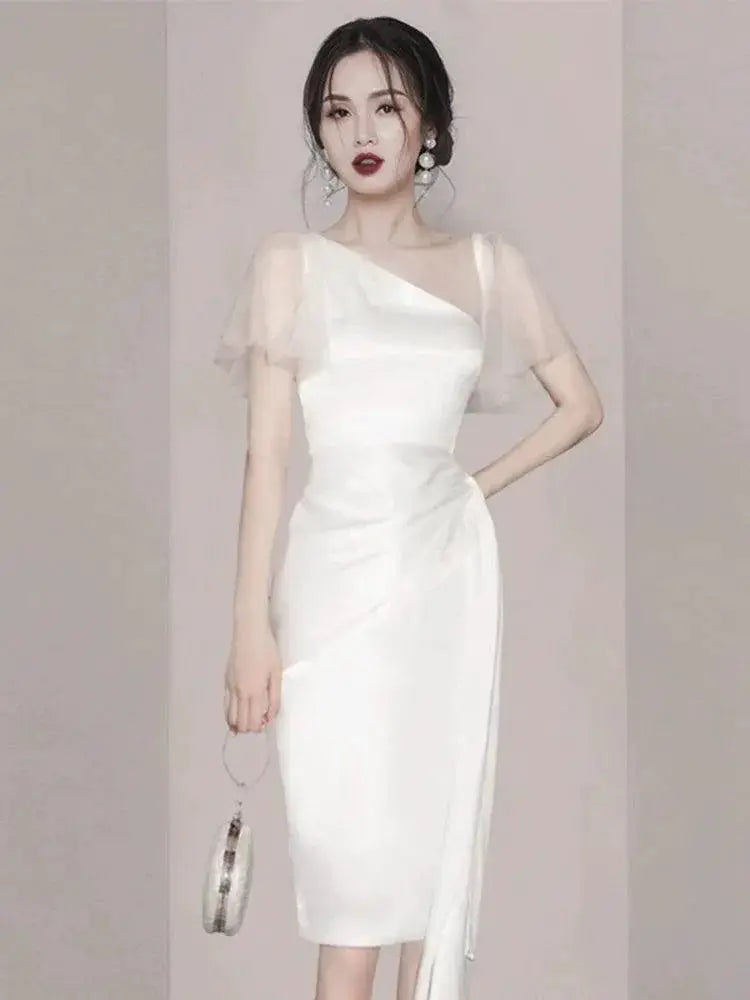 Autumn Elegance Korean Chic Oblique Collar Dress Style