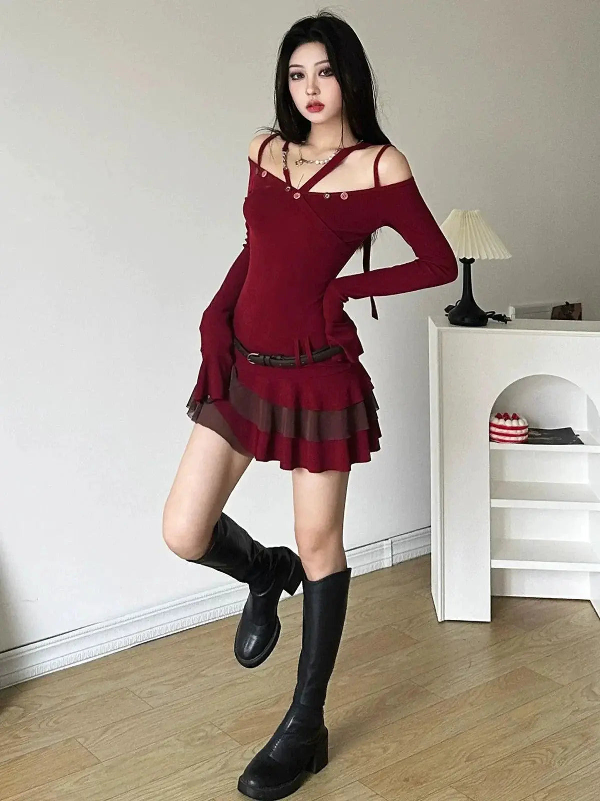 Red Halterneck Dress Winter Chic For Young Women Elegance