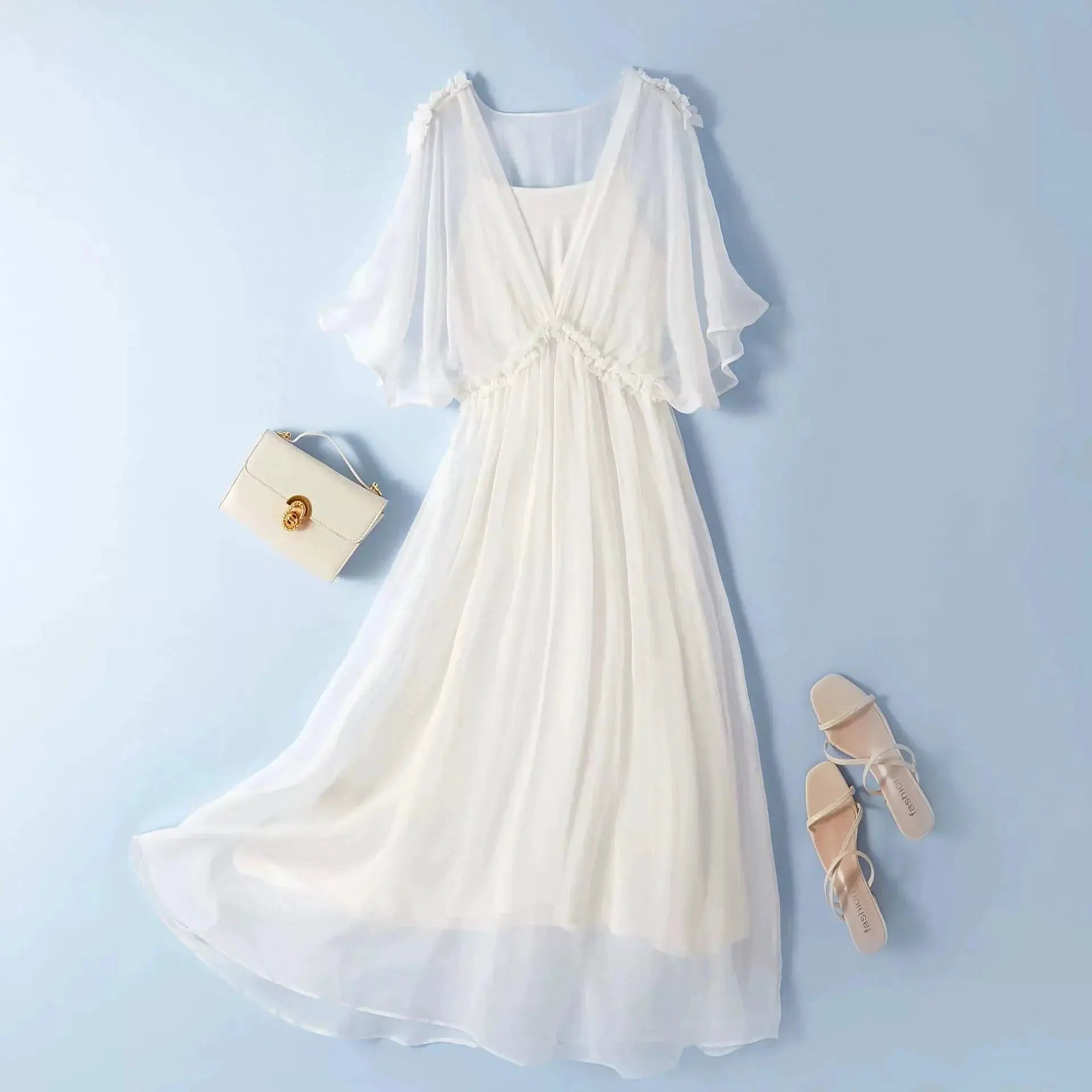 Famous Brand Elegant White Mulberry Silk Dress Slim Fit