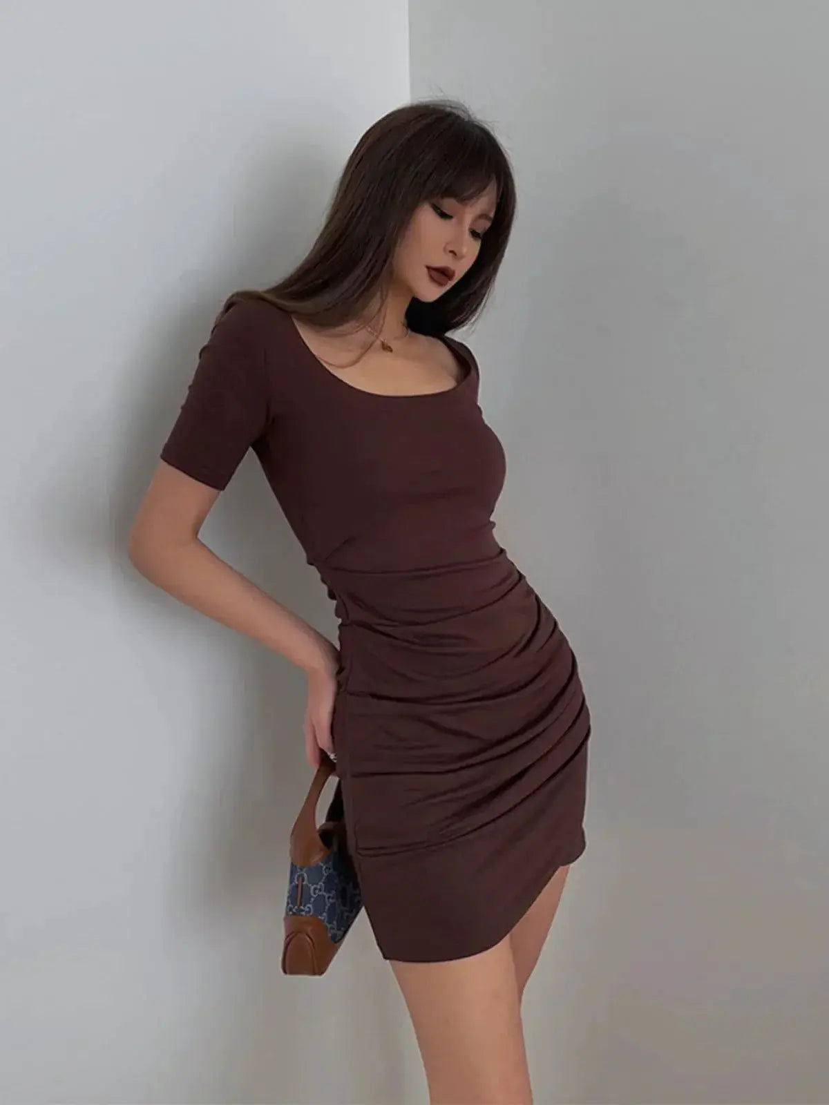 Coffee Pleated Summer Dress Chic Asymmetric Elegance Women