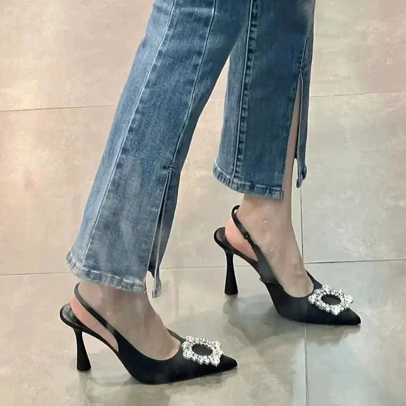 Rhinestone Square Buckle High Heels Elegant Women Footwear