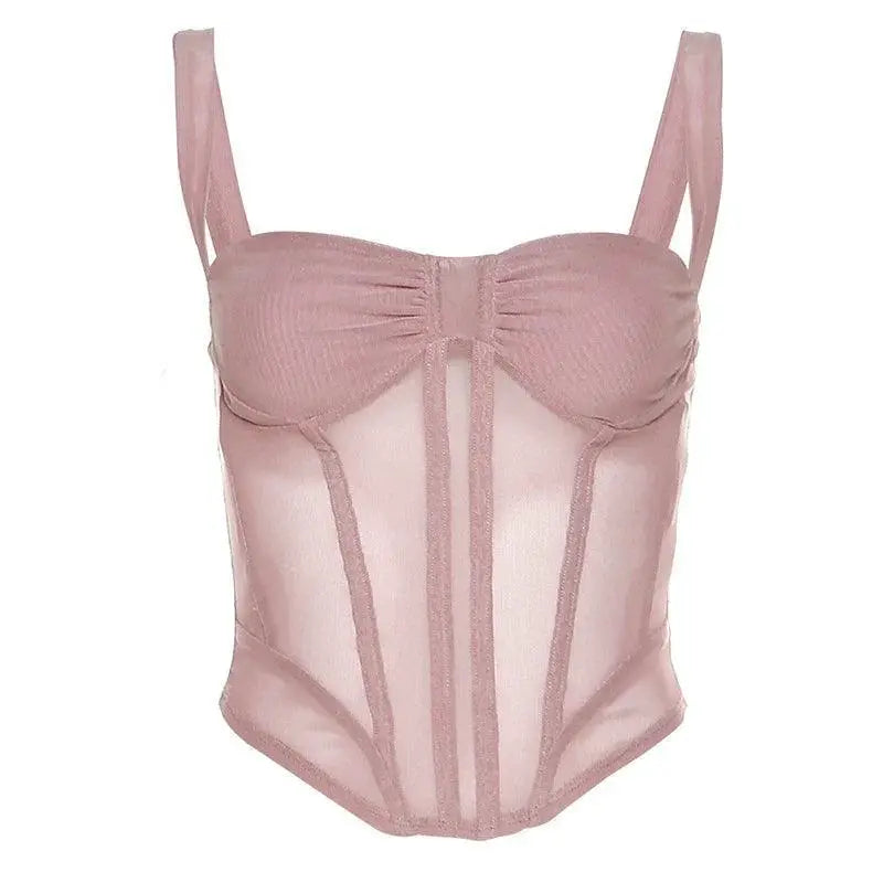 Summer Fishbone Mesh Top Waist Strap See Through Apparel