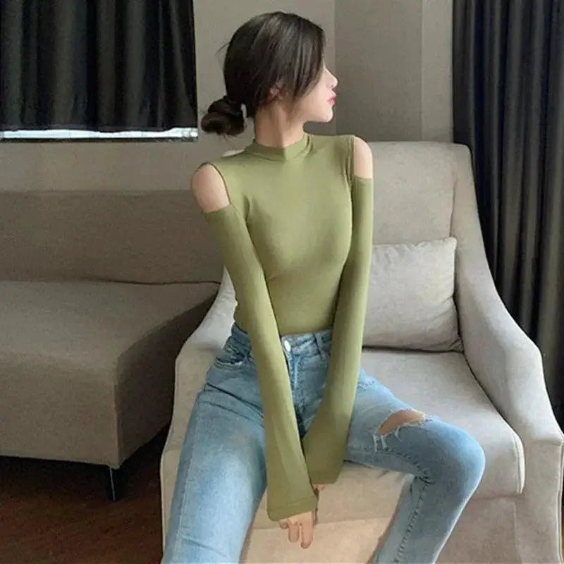 Elegant Korean Style Cold Shoulder Blouse Chic Autumn