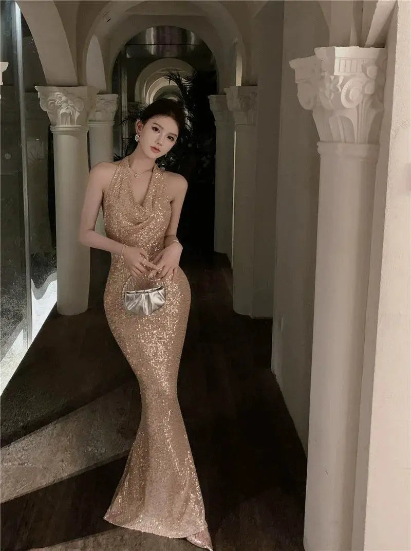 Pure Champagne Shiny Swing Collar Dress Elegance Silk Shine
