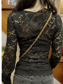 Autumn Chic: Elegant Black Lace V-neck Shirt for Women