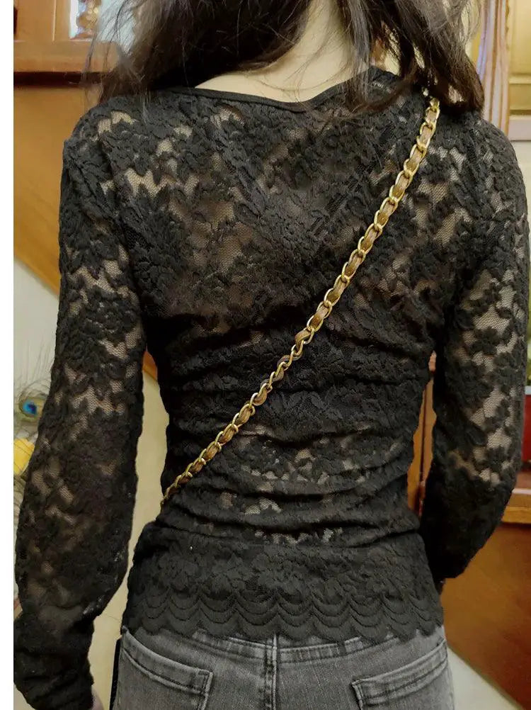 Autumn Chic Black Lace V Neck Shirt for Women Elegant Top