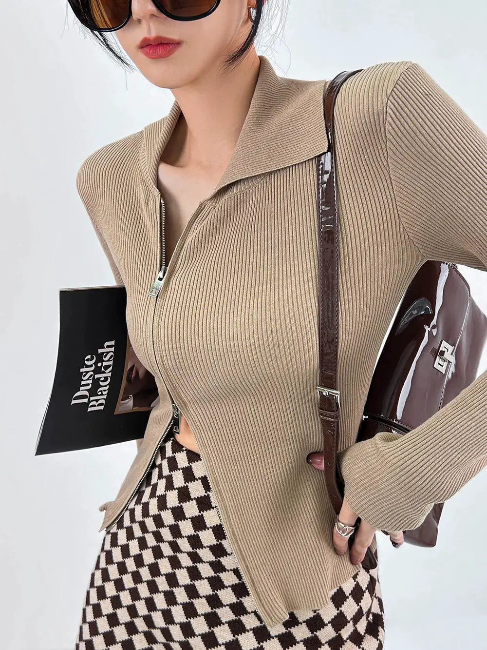 Double Z Asymmetric Zipper V Neck Sweater Chic Style