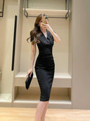 Sophisticated French-Inspired V-Neck Midi Dress Summer Workwear