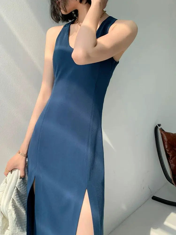 Blue Slim Fit Summer Vest Dress Elegant Womens Fashion