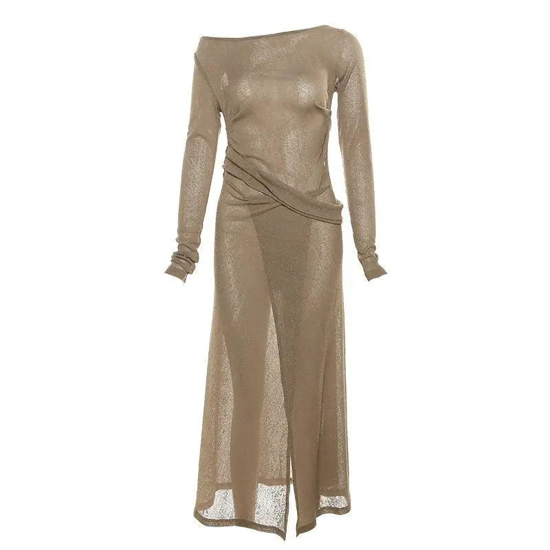 Winter Chic Slim Fit Diagonal Collar Long Dress Midi