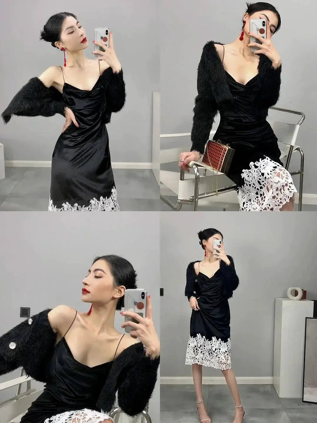 Lace Stitching Black Velvet Dress Retro Chic Statement