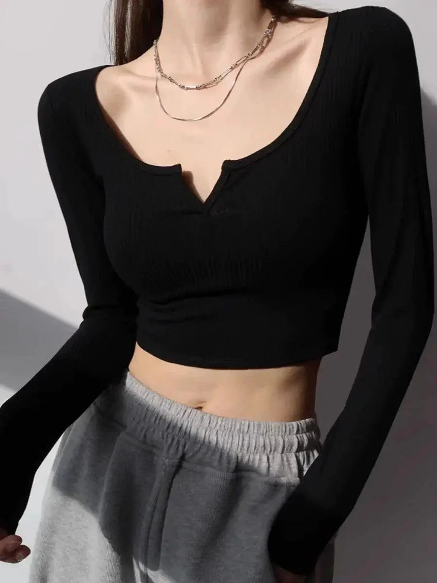 Sexy Black V Neck Midriff Baring T Shirt Chic Design