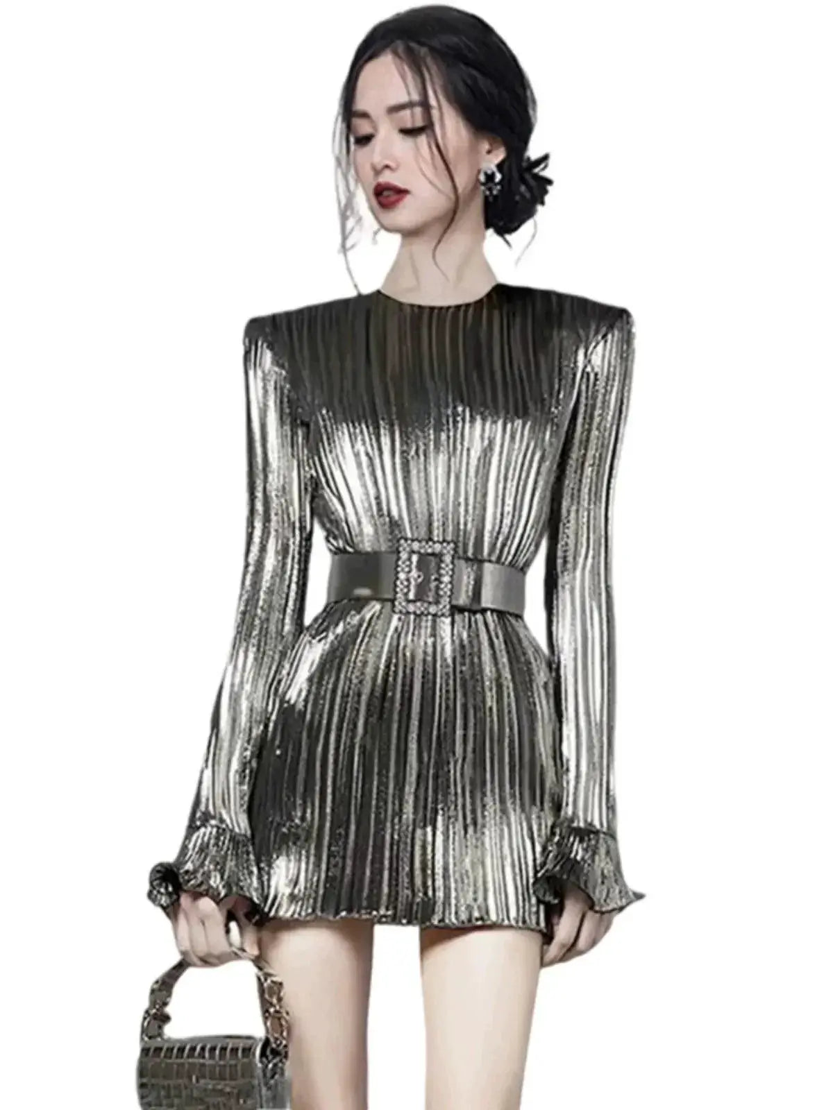 Luxurious Silver Pleated Dress For Fall Fashion Elegance