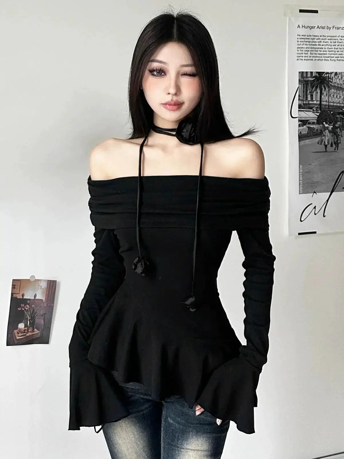 Kliou Slim Fit Off Shoulder Long Sleeve Tee For Autumn