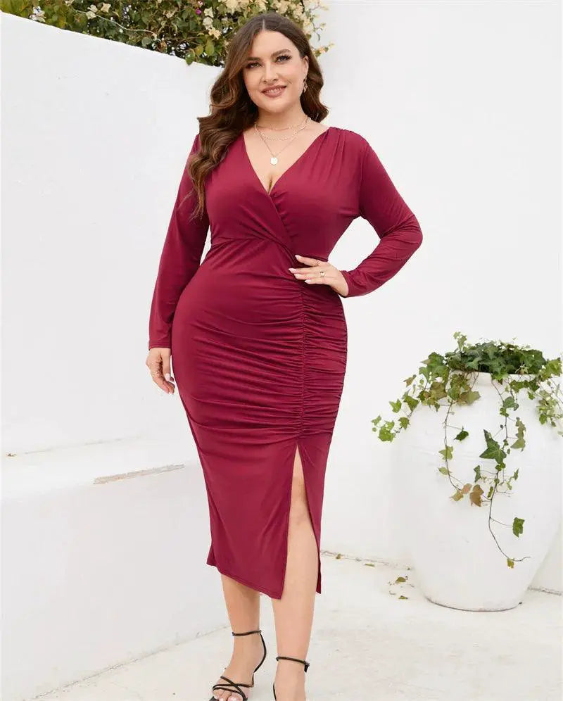 Slim Fit Sheath Slit Dress For Summer With V Collar