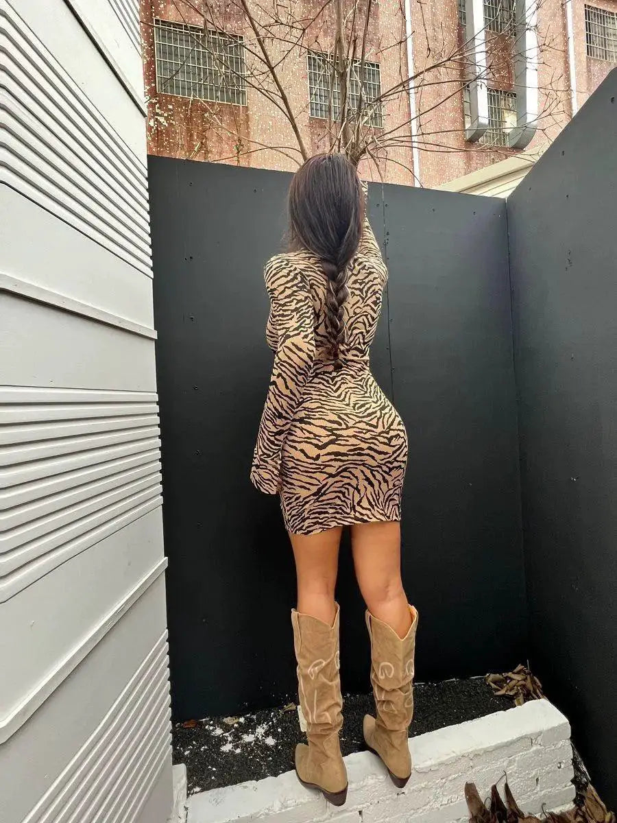 Tiger Stripe Slim Fit Dress Stylish Versatile Fashion