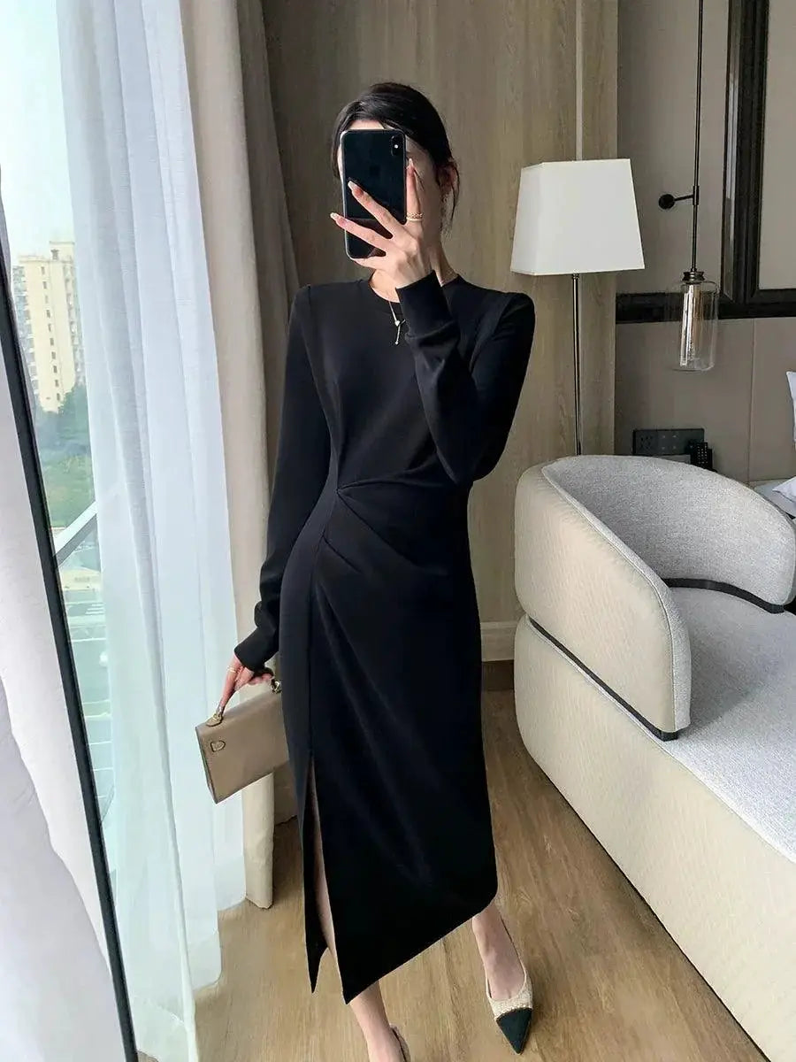 Brother Guo Elegant Black Split Dress Chic Commute Elegance