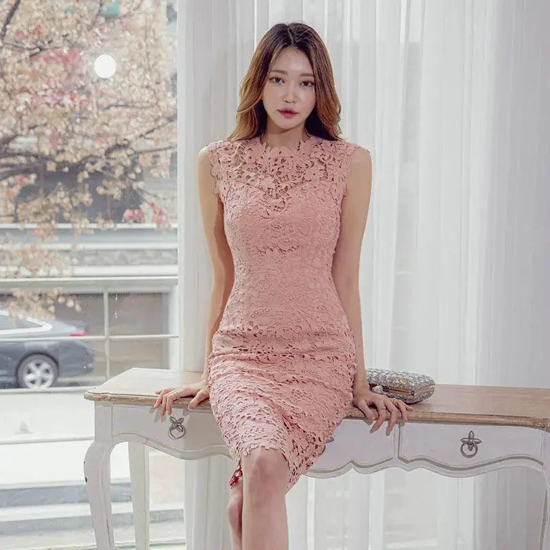 Lace Cutout Evening Gown Sophisticated Korean Style Dress