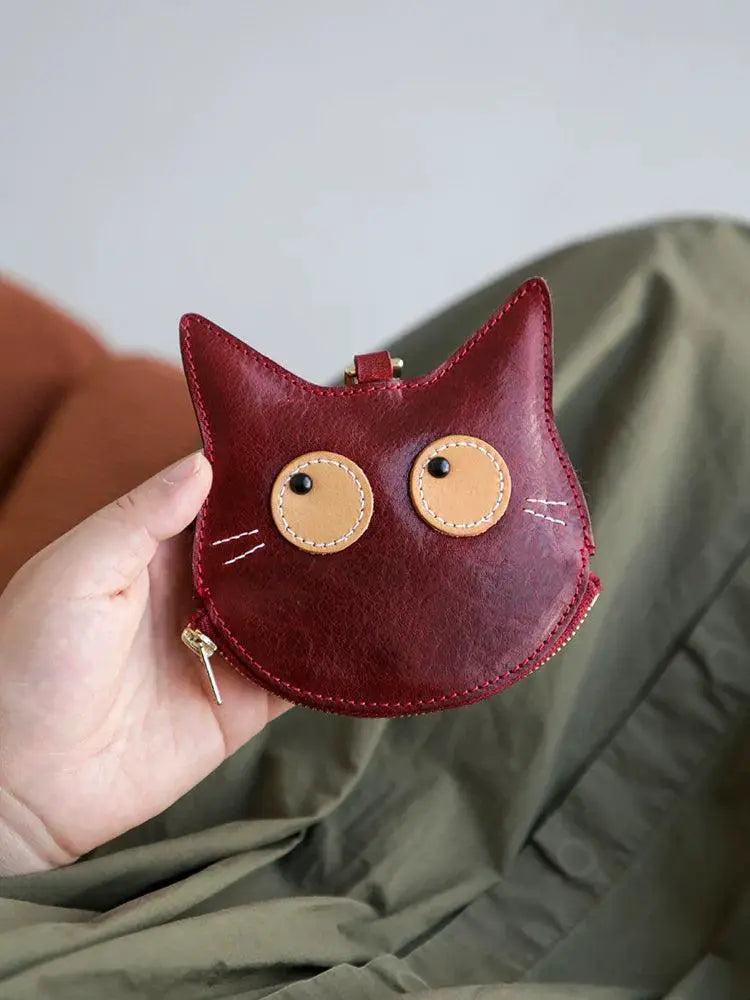 Retro Cat Coin Purse Genuine Leather Bag For Women