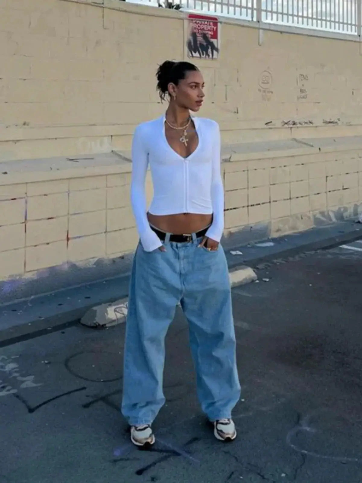 Autumn Winter Women's Chic V Neck Tee Bare Midriff Style