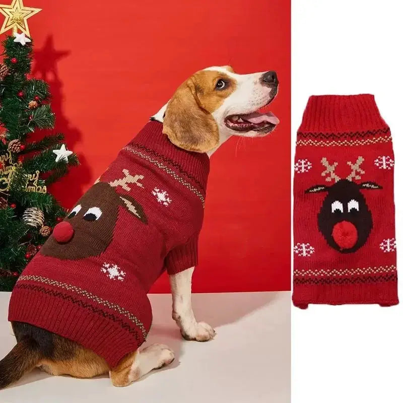 Christmas Dog Sweater Red Nose Deer Pet Clothes For Dogs