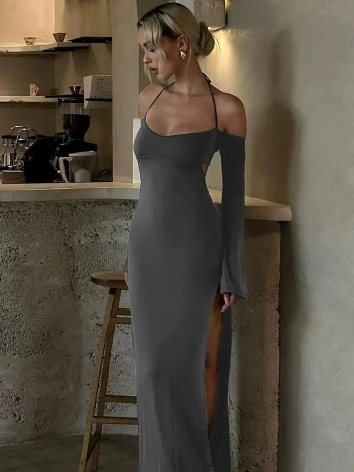 Flattering Off Shoulder Halter Gown For Chic Events