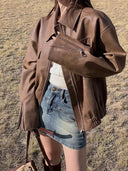 Retro Brown Distressed Leather Motorcycle Coat Street-Style Chic