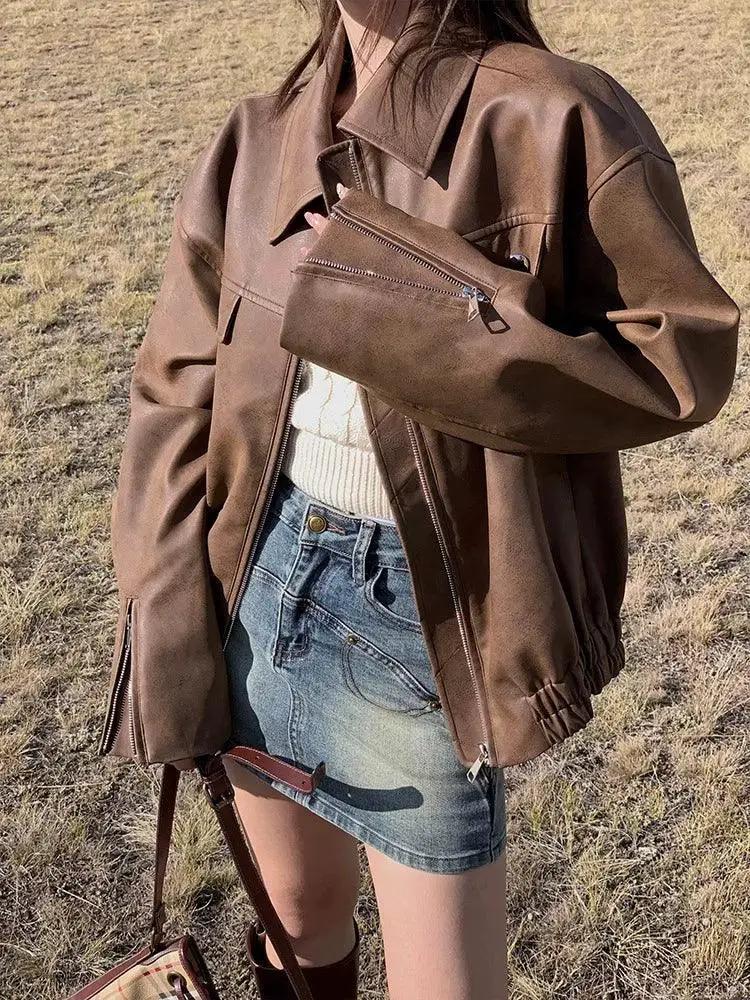 Retro Distressed Leather Motorcycle Coat Street Style Chic