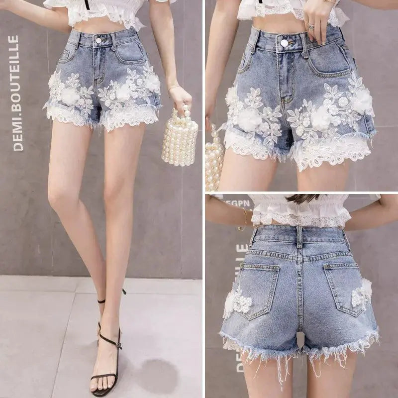 European Floral Embroidered Denim Shorts High Waist Summer