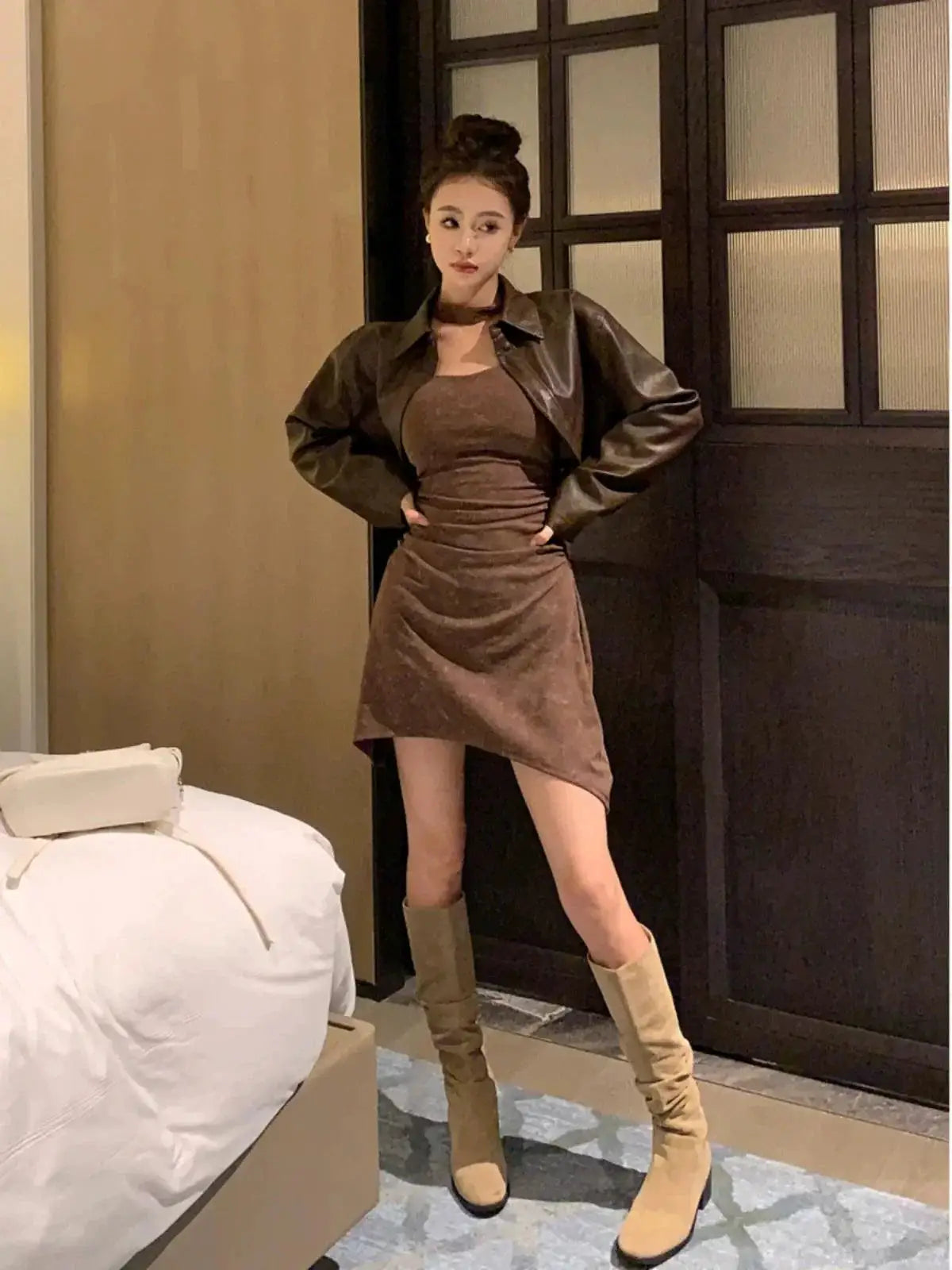 Spring Leather Coat With Pleating Detail Stylish Outwear
