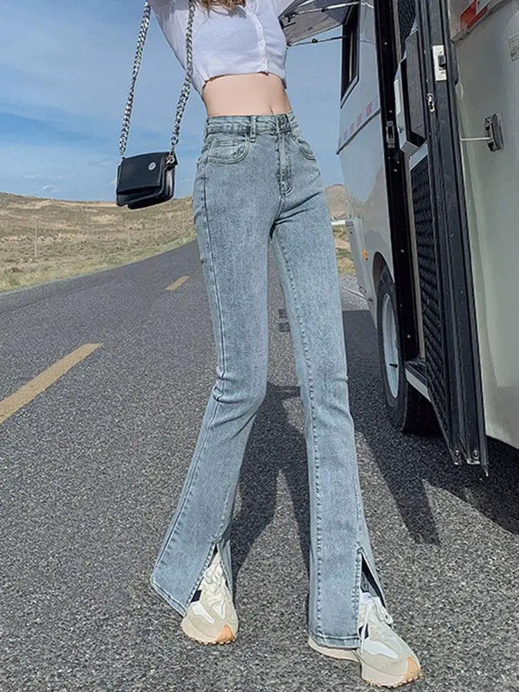 High Waist Flared Jeans With Split Detailing Denim