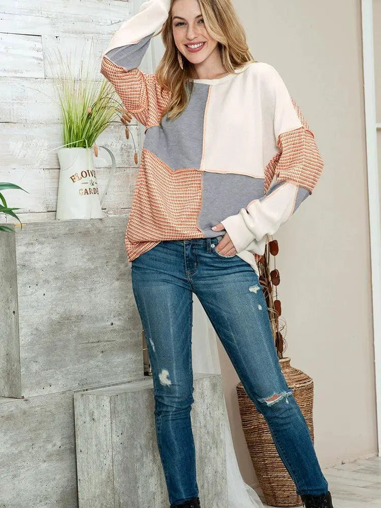 Women Color Block Patchwork Round Neck Pullover T Shirt