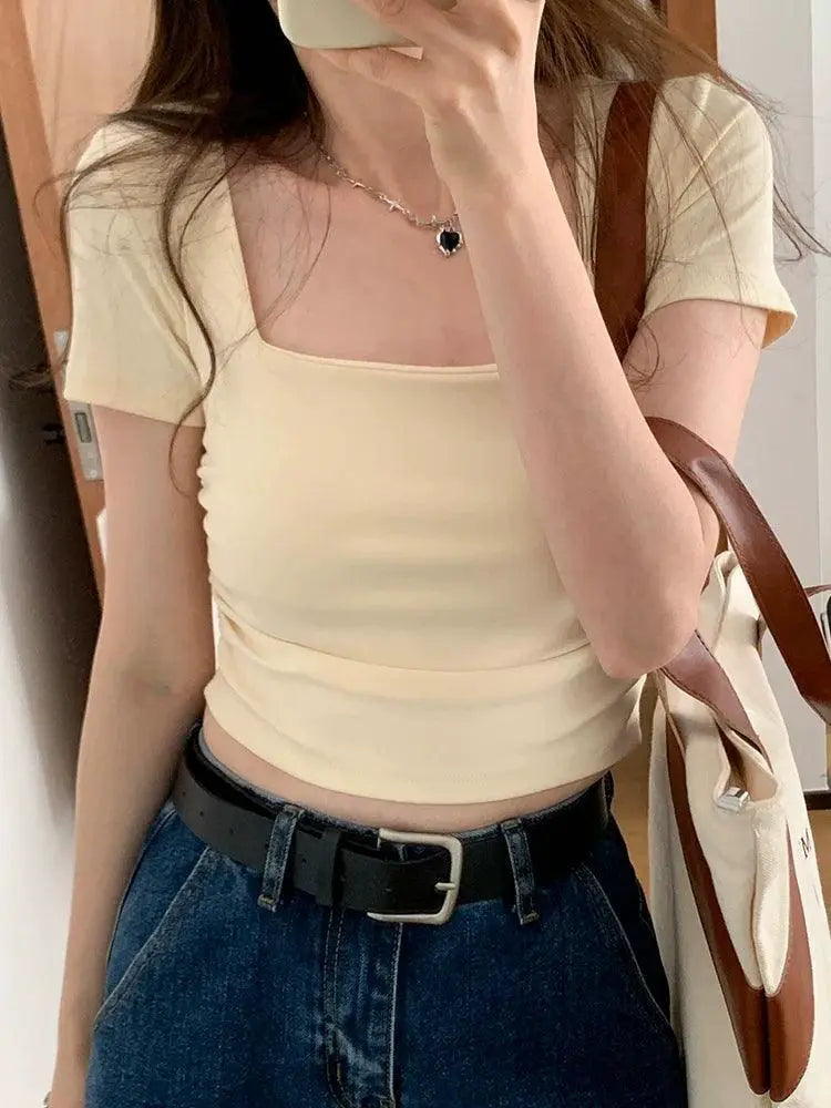 Apricot Square Collar Pleated Top Elegant Korean Style