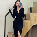 Elegant Red Sheath Dress Autumn Chic V-Neck Style Dress