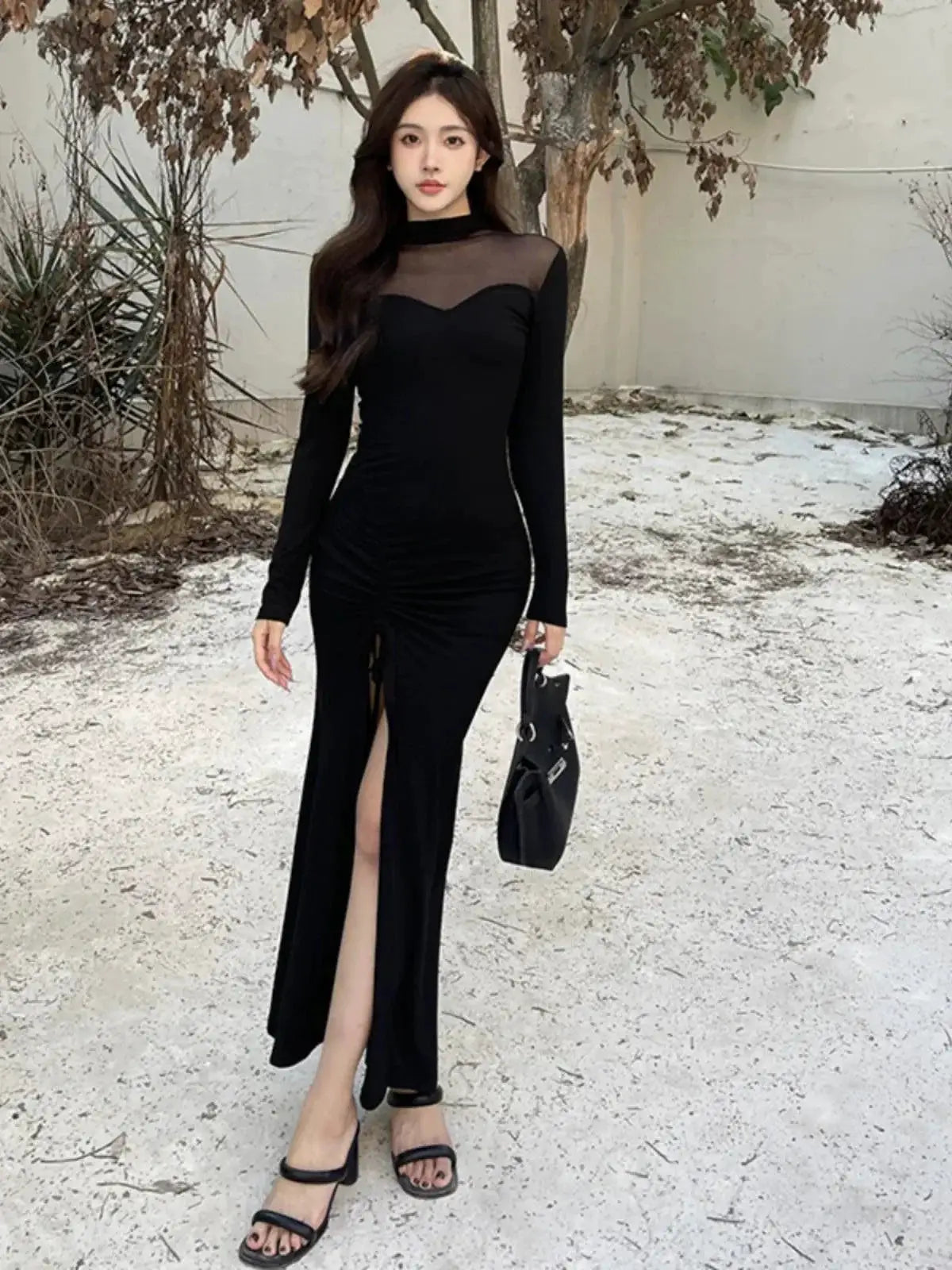 French Mesh Patchwork Dress Chic Autumn Winter Style
