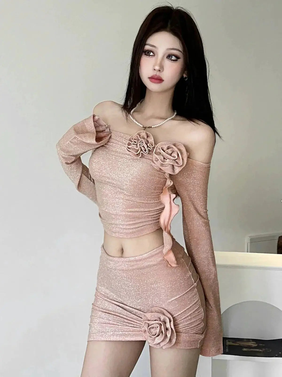 Kliou Flower Off Shoulder T Shirt Elegant Winter Style