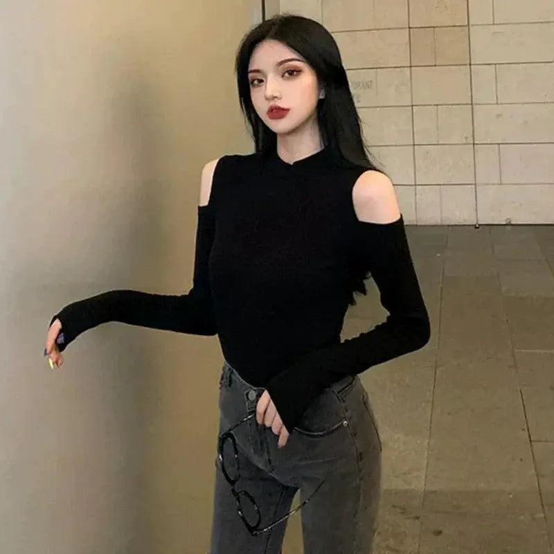 Elegant Korean Style Cold Shoulder Blouse Chic Autumn