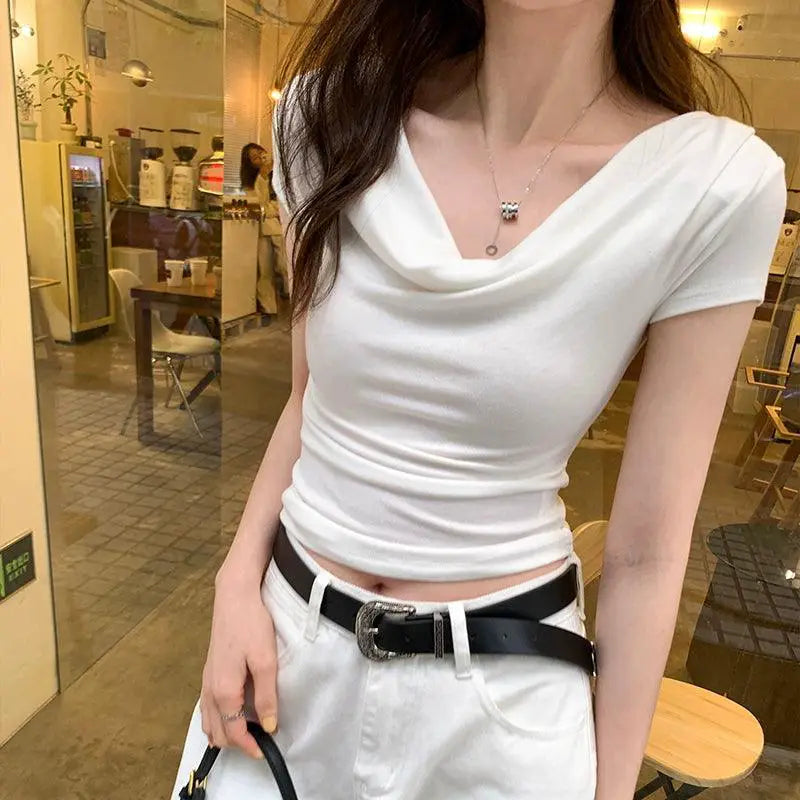 Pure Desire Swing Collar Sexy Slim Stretch Short Sleeve Tee