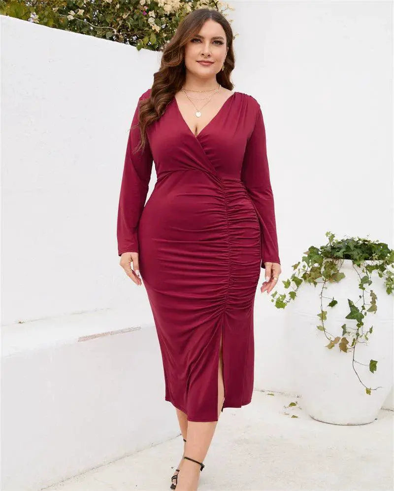 Slim Fit Sheath Slit Dress For Summer With V Collar
