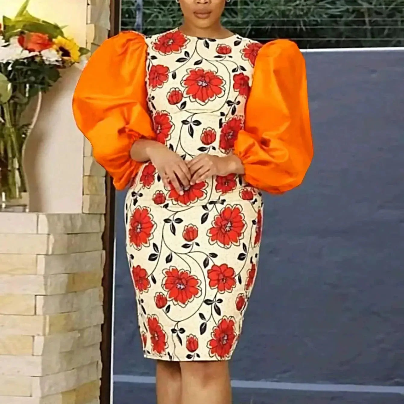 4XL Womens Printed Lantern Sleeve Dress Plus Size Fashion