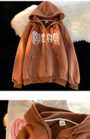 Autumn Puff Print Hooded Cardigan Sweater For Teens