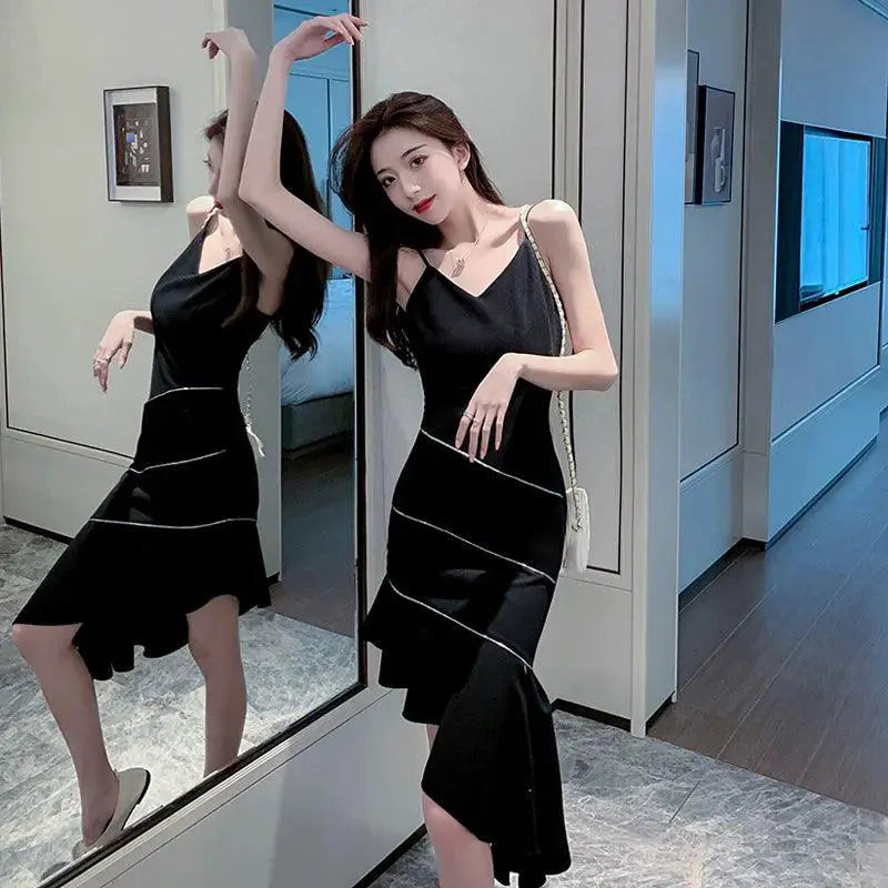 Elegant Ruffle V-Neck Gown Korean Style Dress Slim Fit