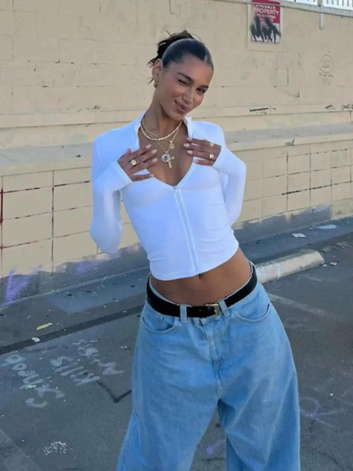 Autumn Winter Women's Chic V Neck Tee Bare Midriff Style