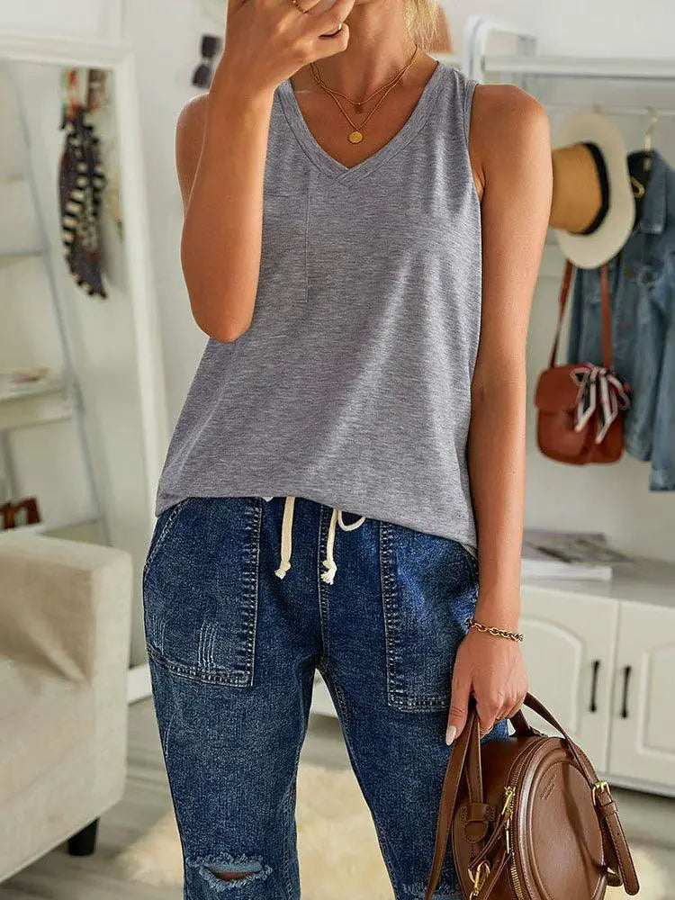 Loose Vest With Pocket Decoration Sleeveless Pullover
