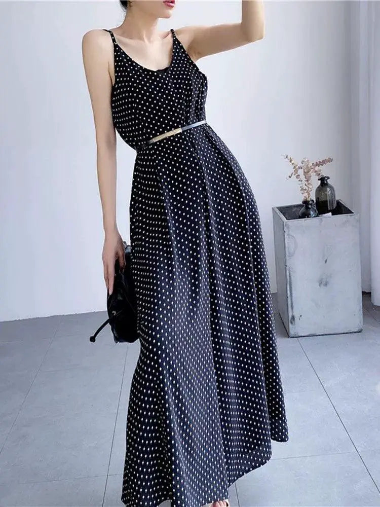 Black Polka Dot A Line Summer Dress With Pockets And Straps