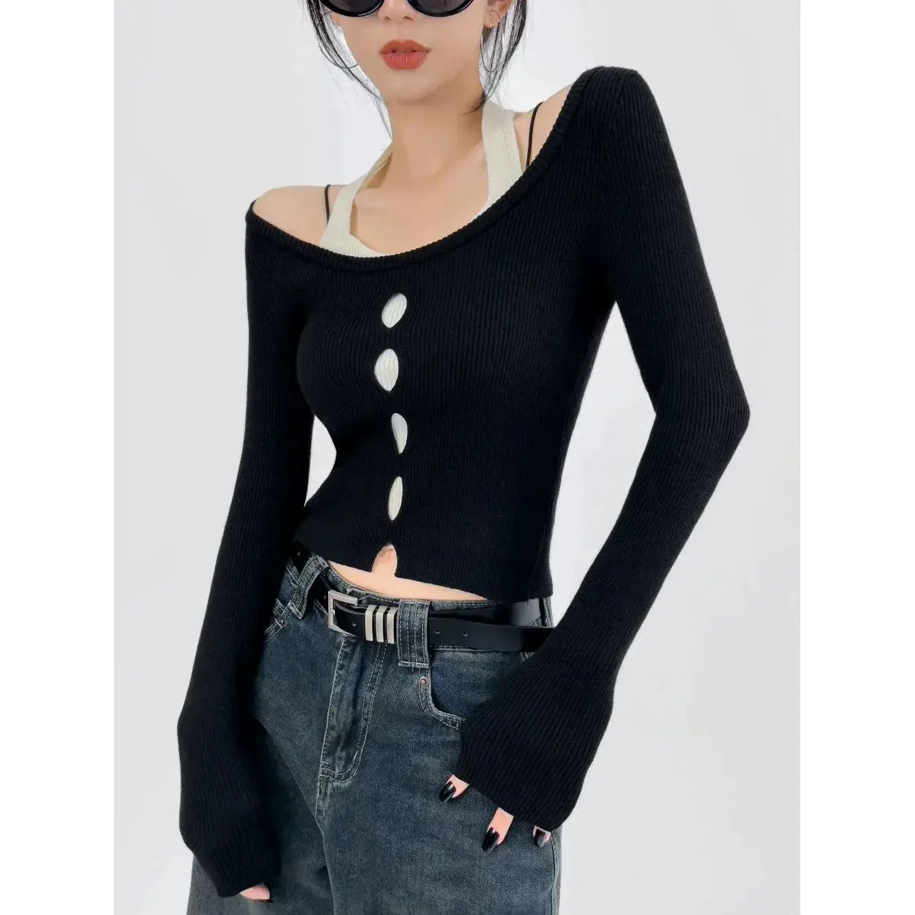 Color Contrast Halterneck Knitwear Slimming Top Patchwork