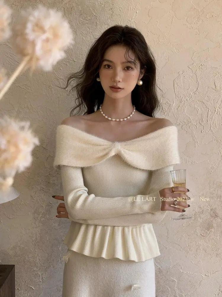 French Slim Off Shoulder Sweater Elegant Fall Style