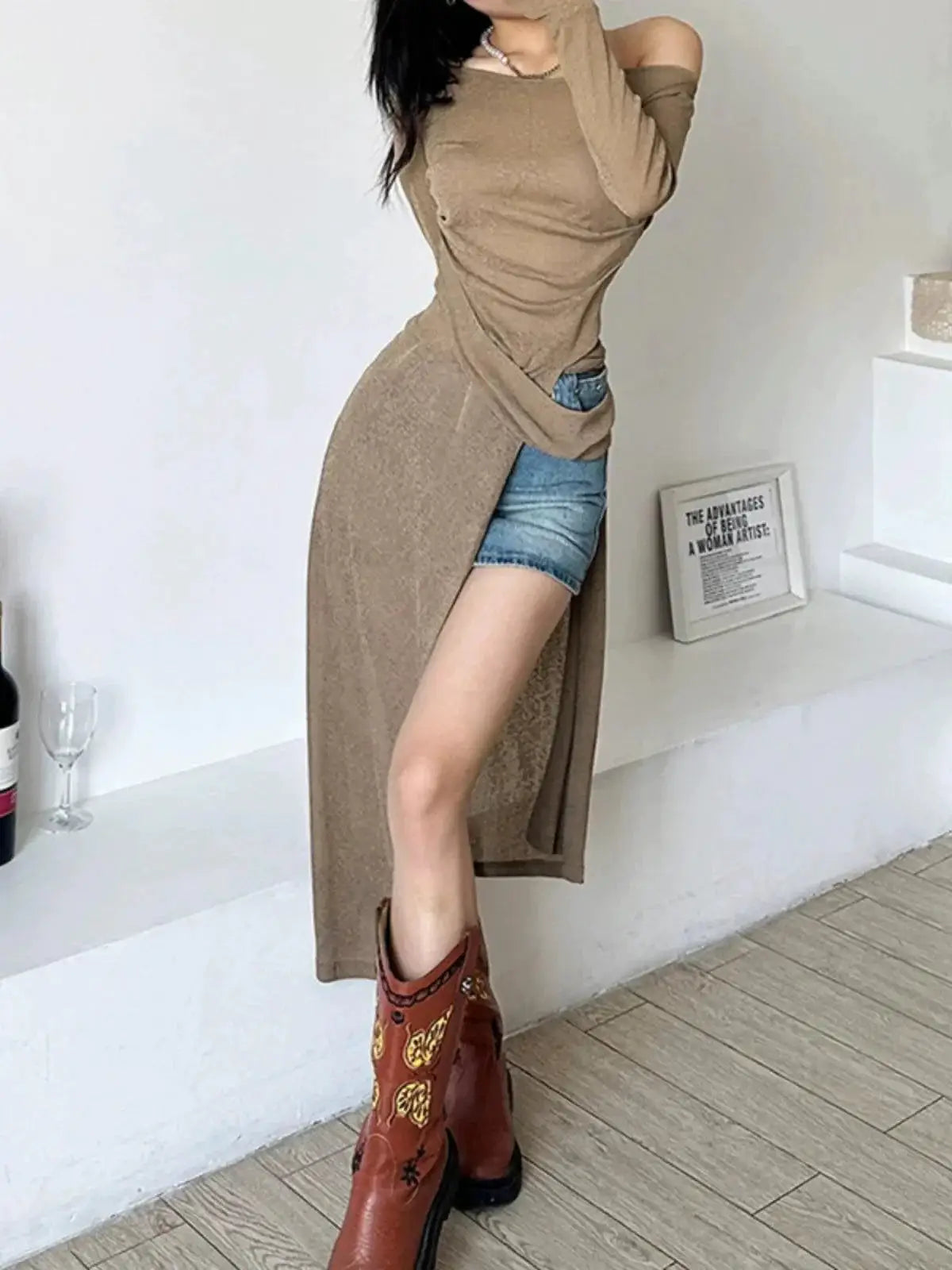 Winter Chic Slim Fit Diagonal Collar Long Dress Midi
