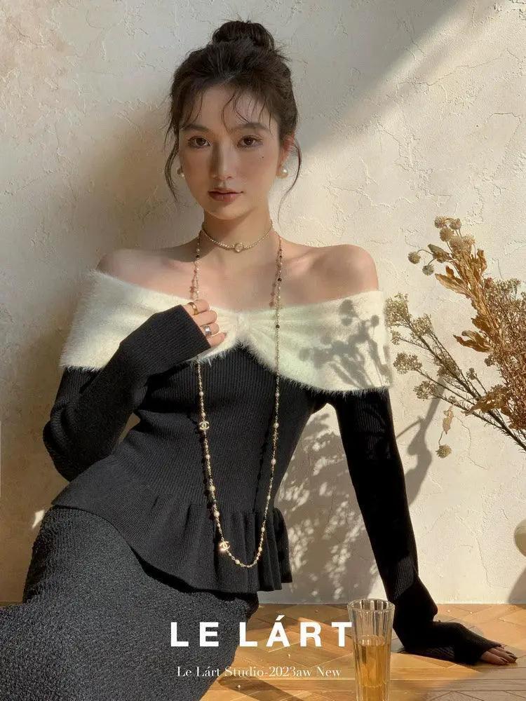 French Slim Off Shoulder Sweater Elegant Fall Style